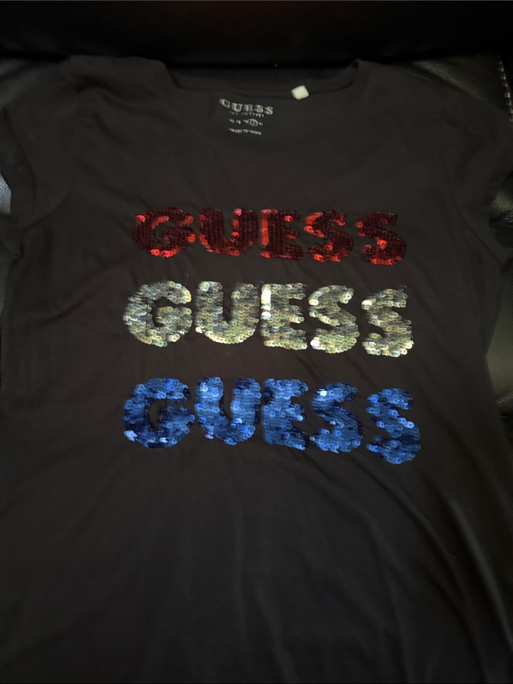 GUESS Sequin Logo Tee in Red, Silver, Blue